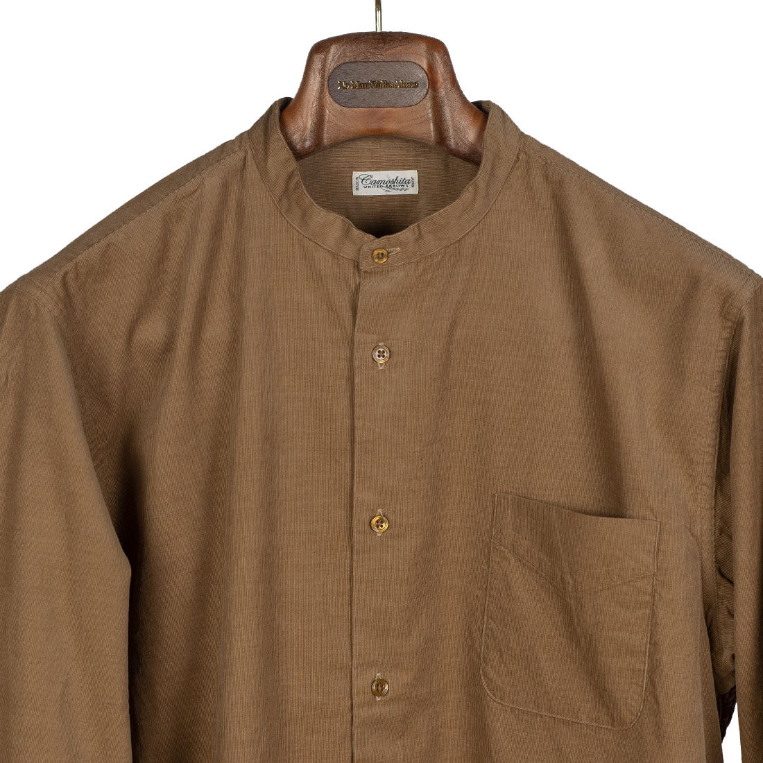 Band collar shirt in caramel brown cotton microcorduroy