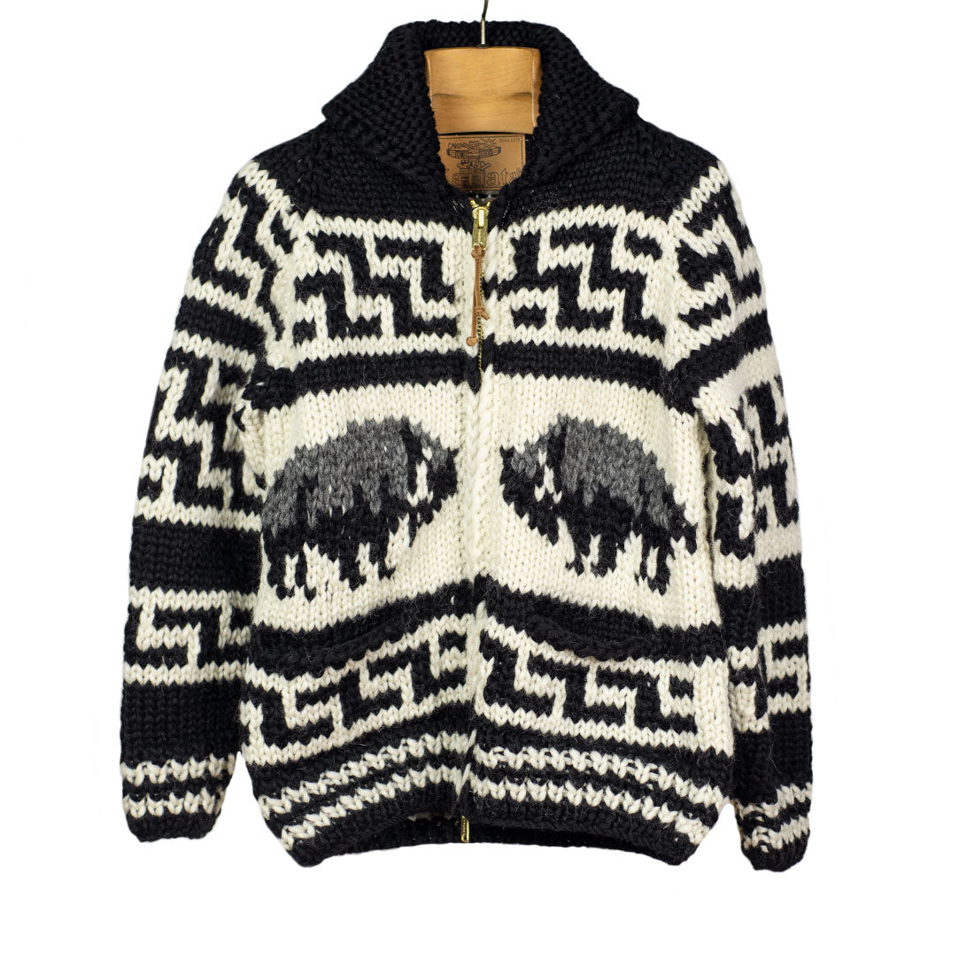 Bison hand-knit Cowichan cardigan, black, grey and natural 6-ply wool (restock)