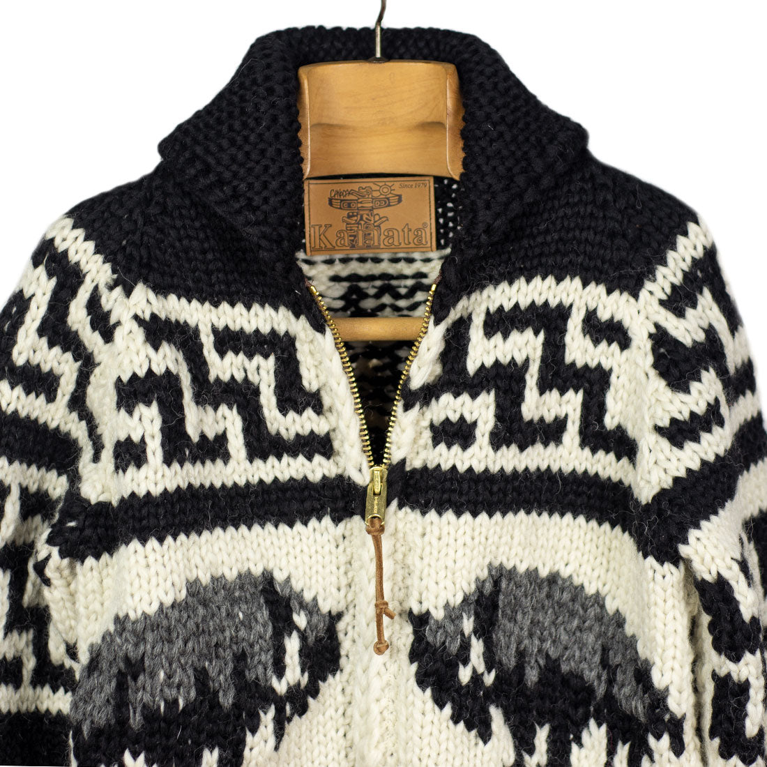 Bison hand-knit Cowichan cardigan, black, grey and natural 6-ply wool (restock)