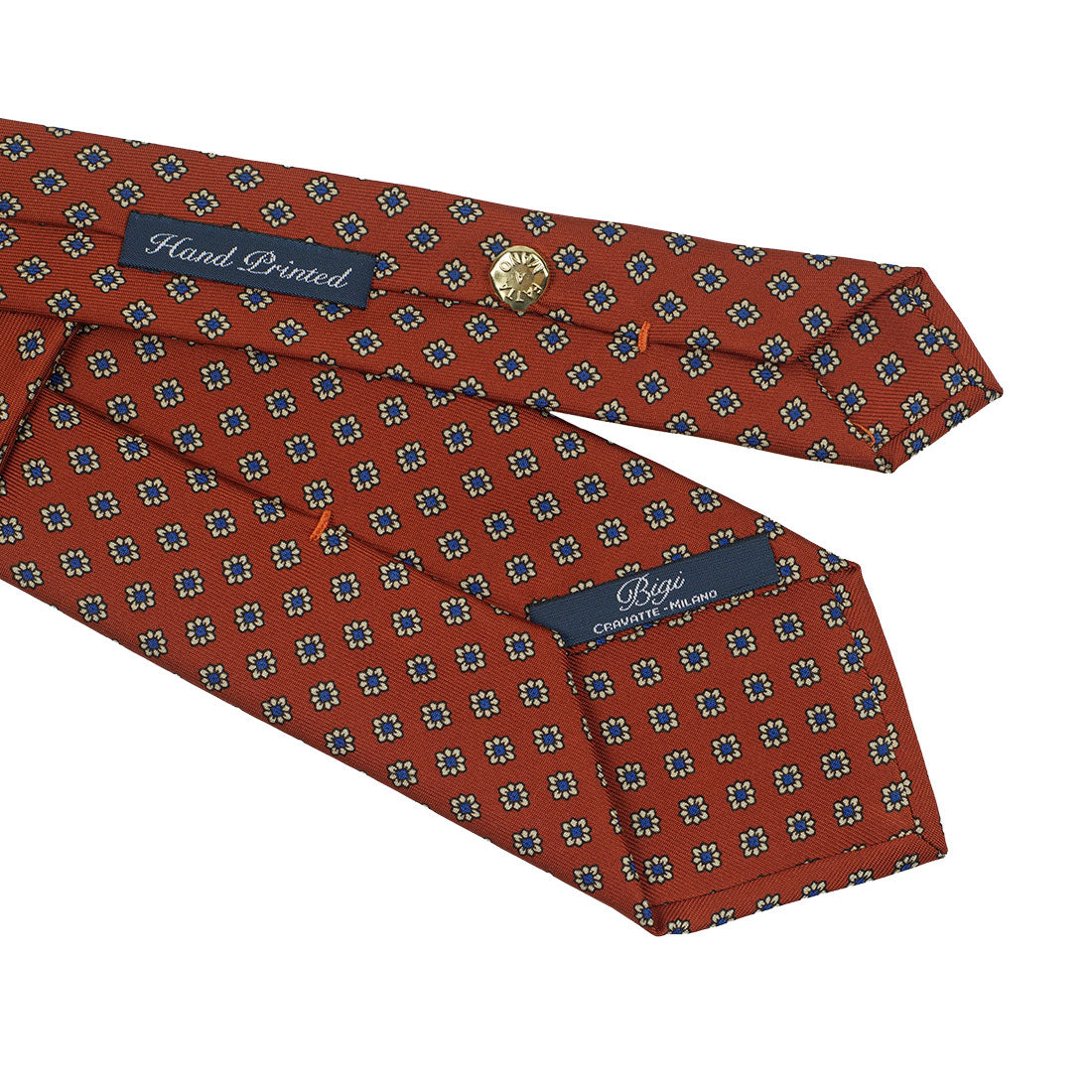 Burnt orange 36oz silk tie, hand-printed neat pattern