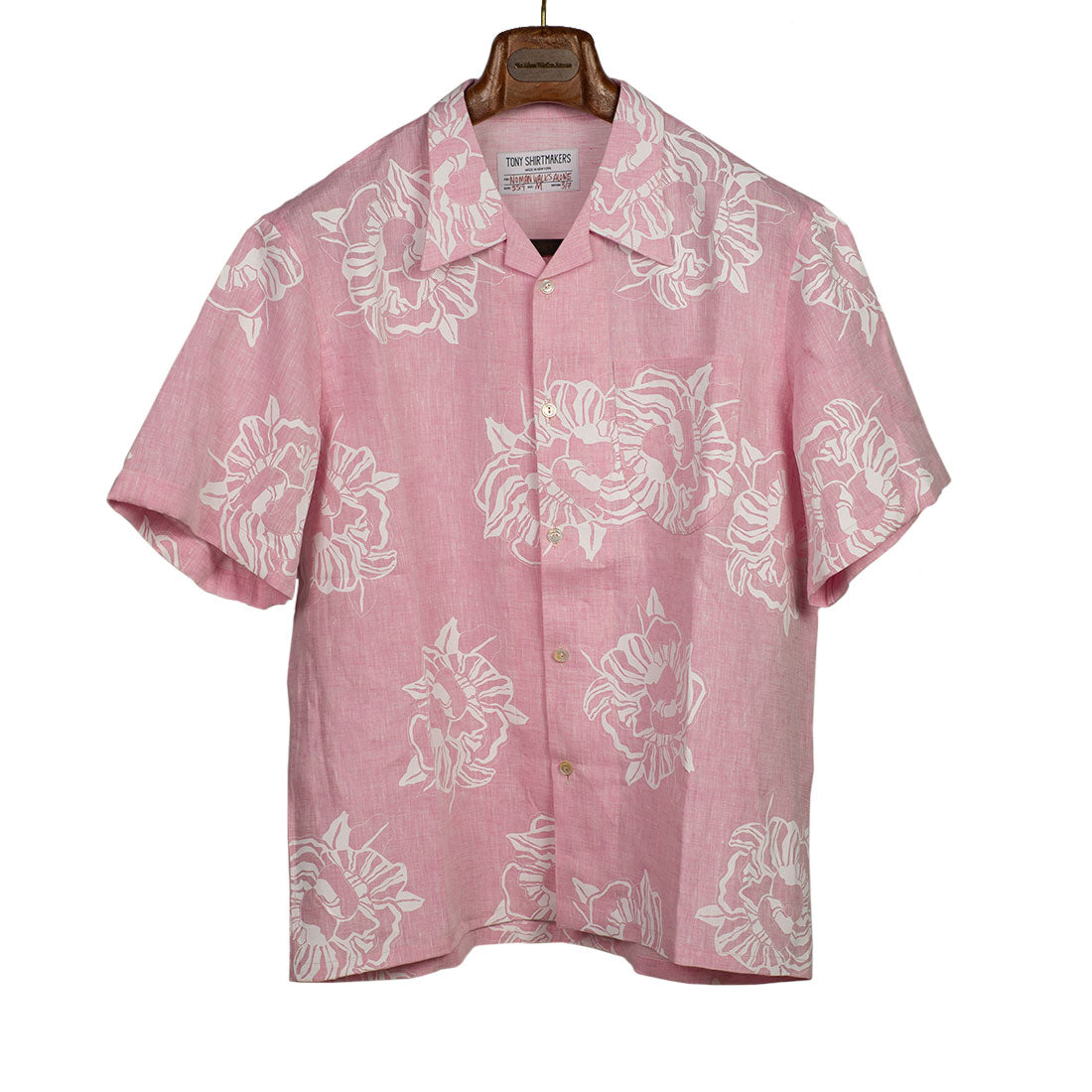 Camp Collar pocket shirt in pink linen with white oversized flower print