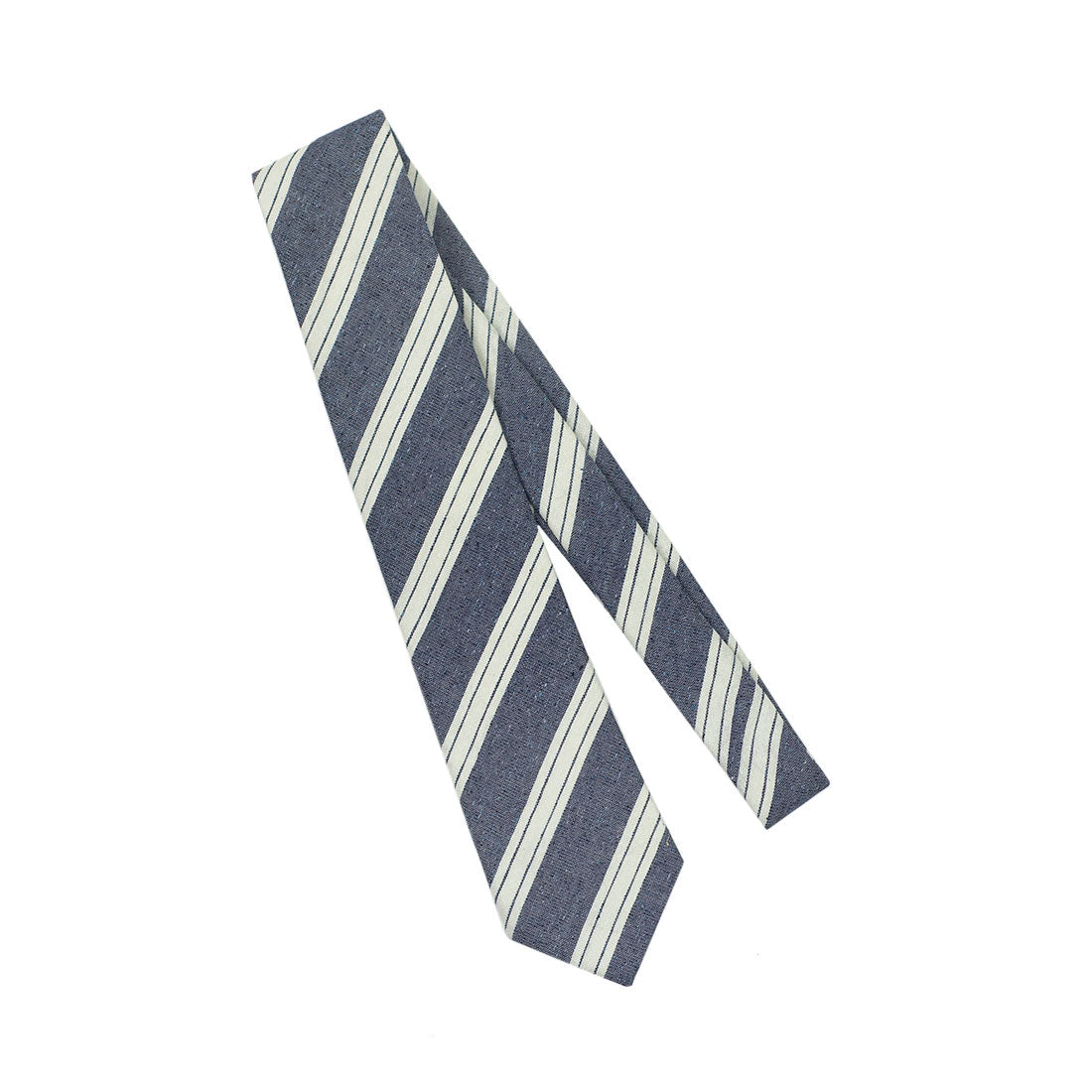 Denim blue silk, linen & cotton tie, white triple stripes