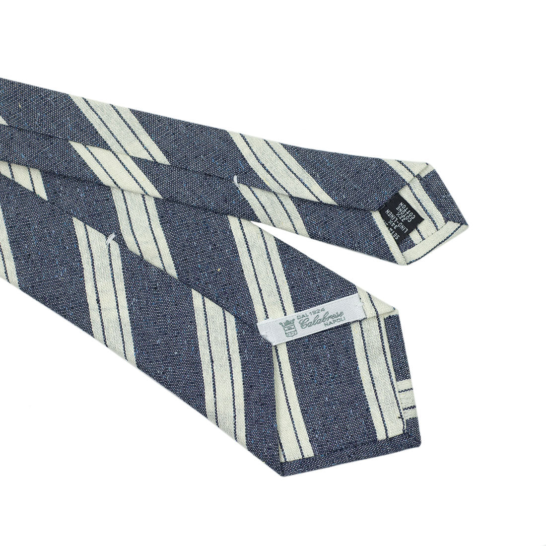 Denim blue silk, linen & cotton tie, white triple stripes