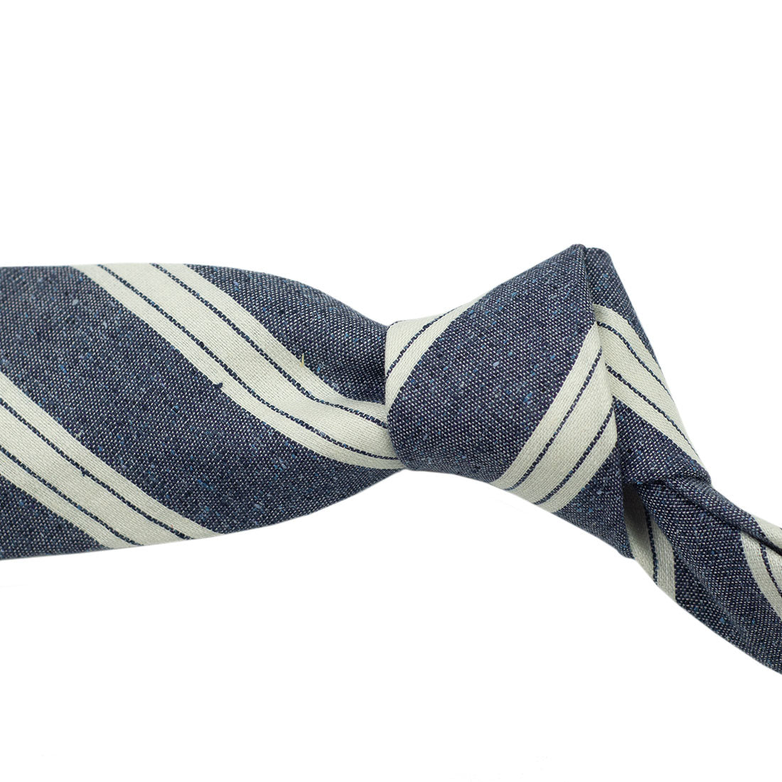 Denim blue silk, linen & cotton tie, white triple stripes