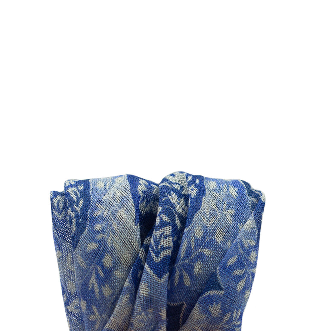 Blue linen & silk pocket square, Batik-style leaf print