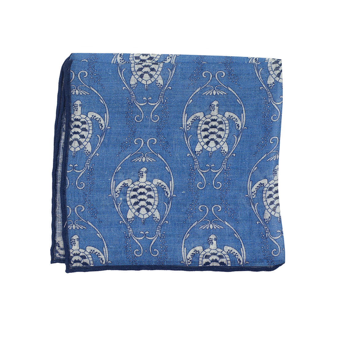 Blue linen & silk pocket square, turtle print