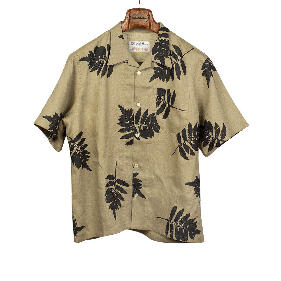 Camp collar pocket shirt in taupe linen with exclusive fern print