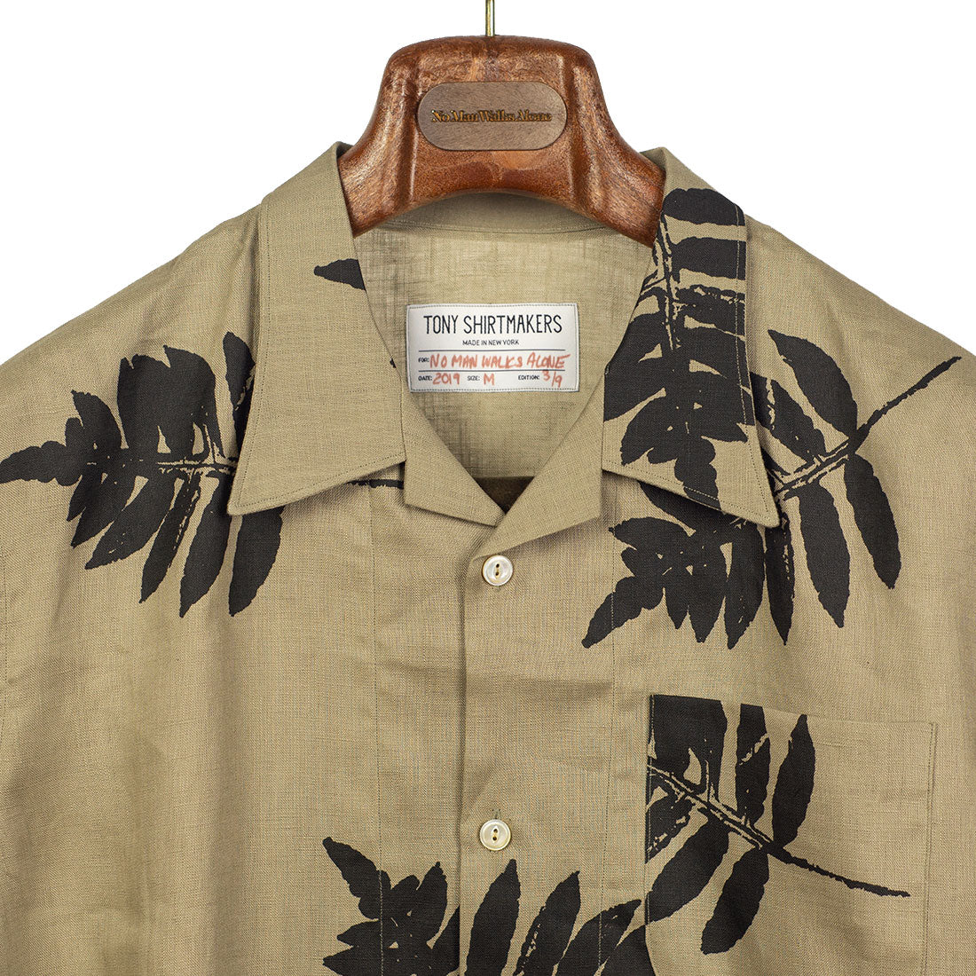 Camp collar pocket shirt in taupe linen with exclusive fern print