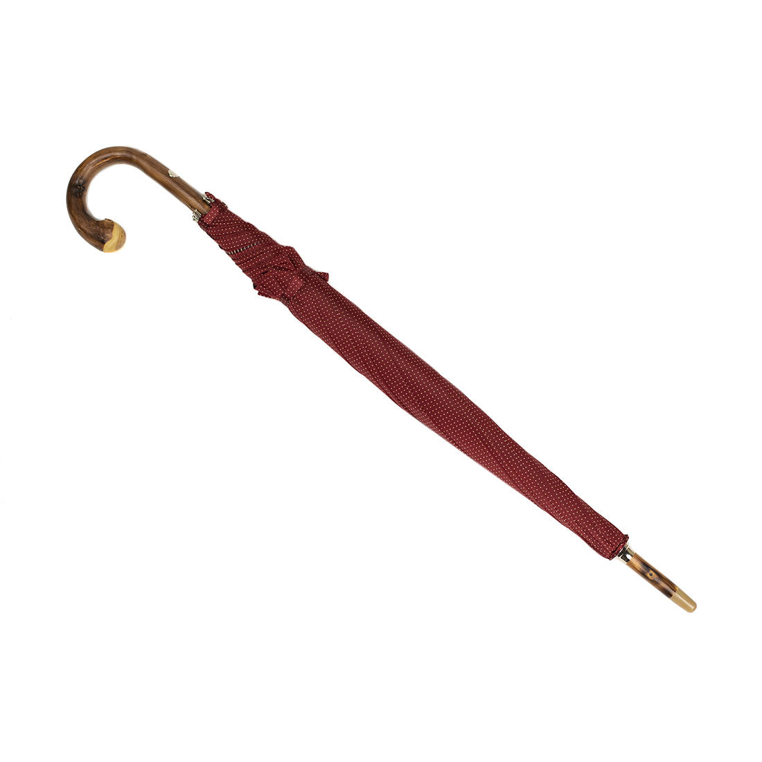 Chestnut solid stick umbrella, burgundy dotted canopy