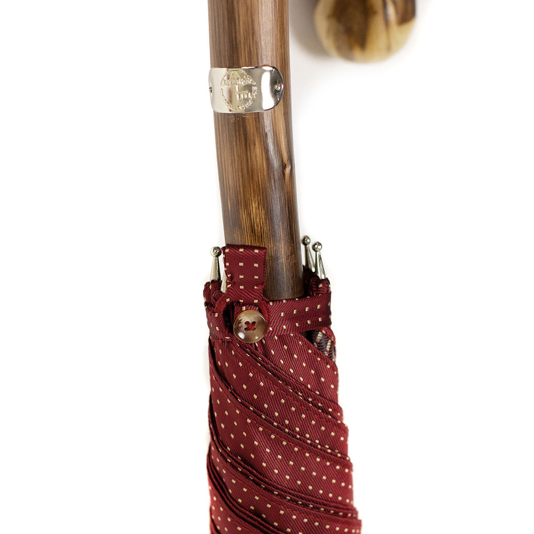 Chestnut solid stick umbrella, burgundy dotted canopy