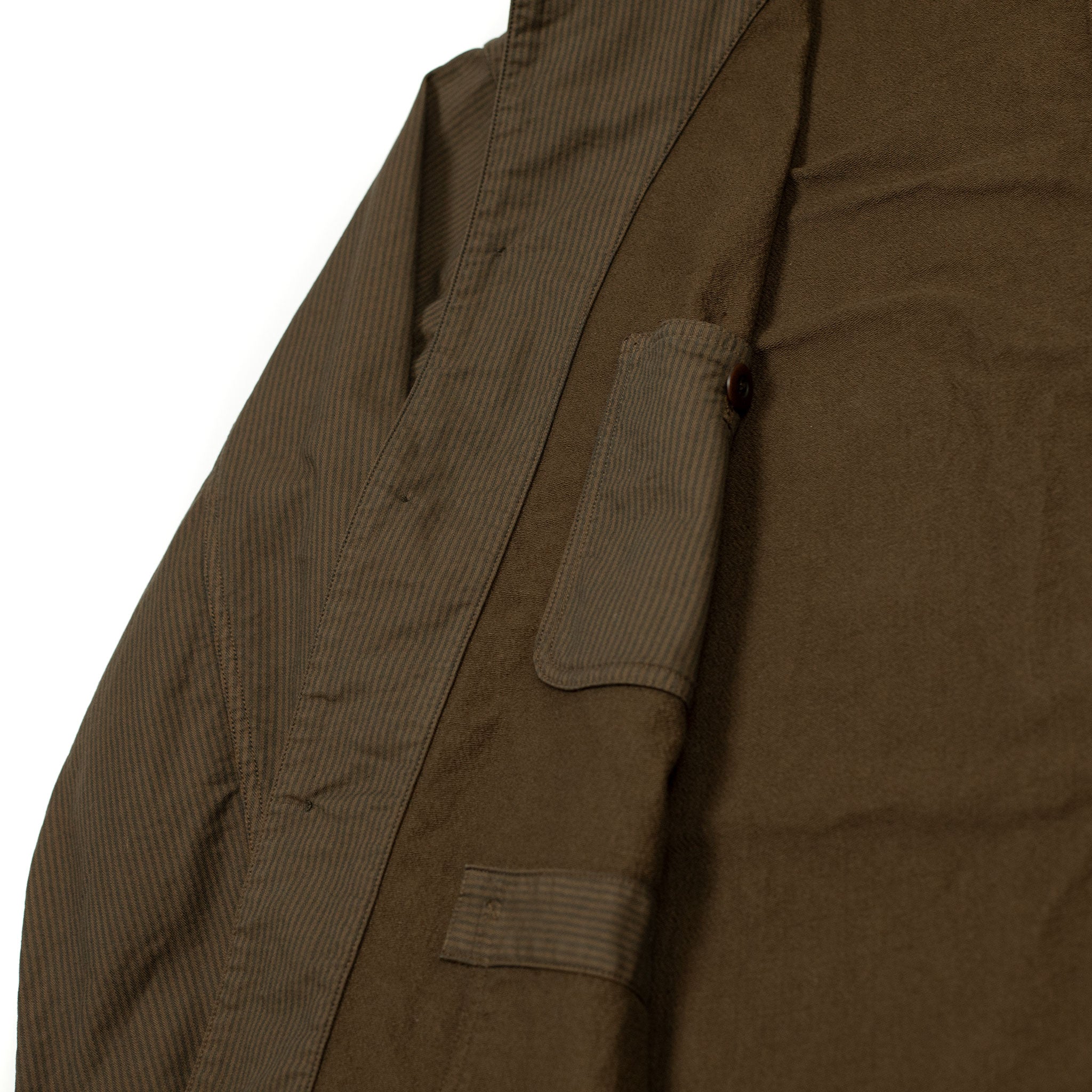 Coverall shop jacket in brown and charcoal stripe stretch cotton