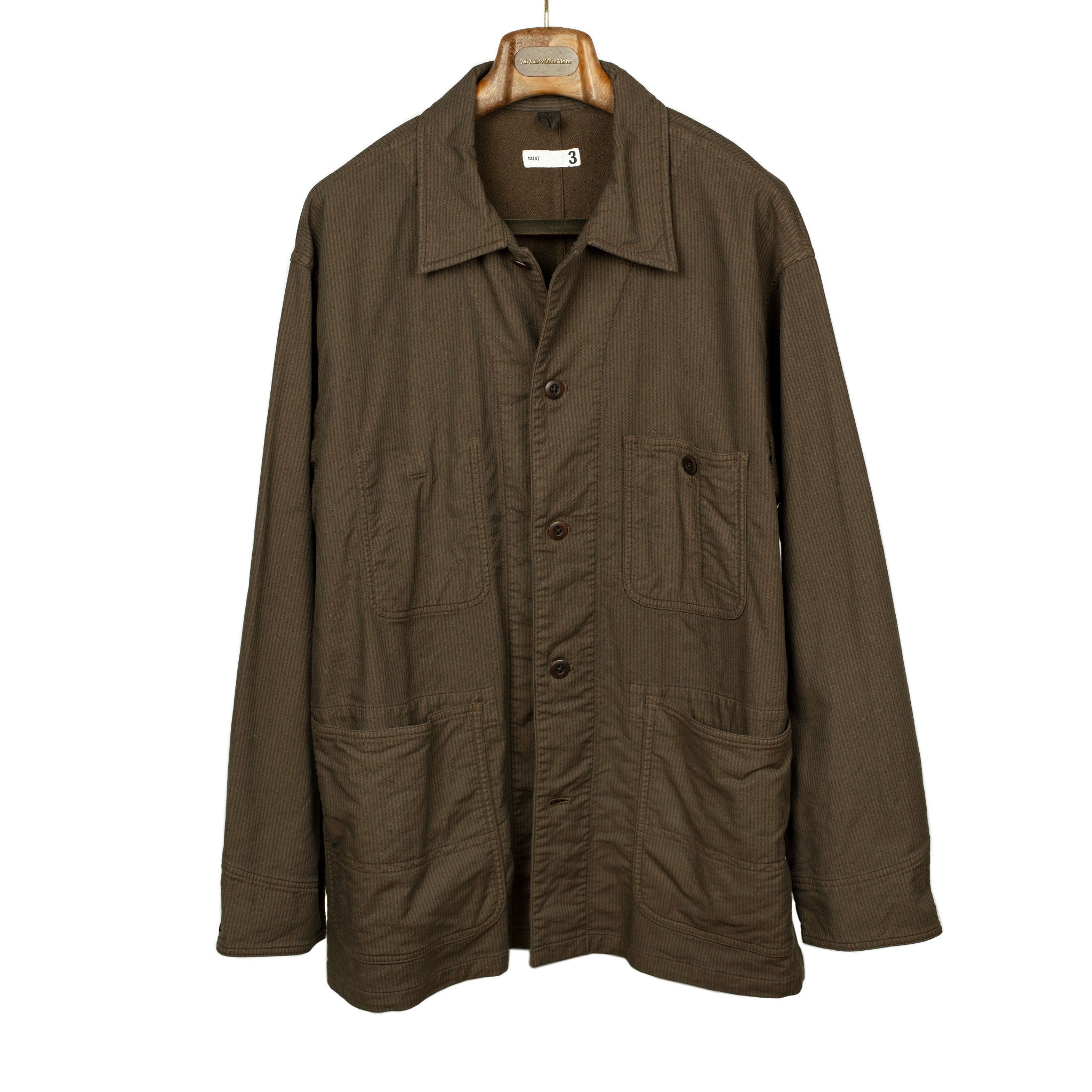 Coverall shop jacket in brown and charcoal stripe stretch cotton