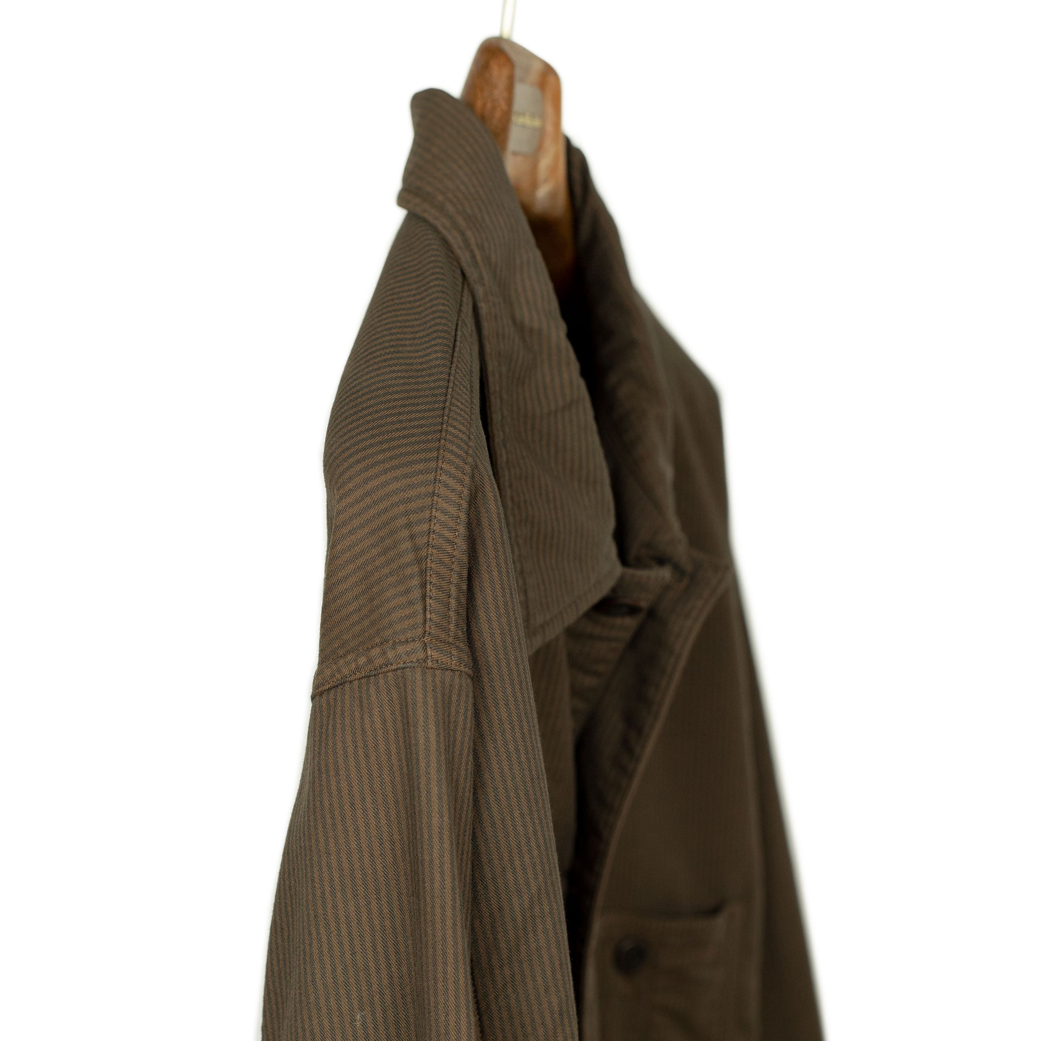 Coverall shop jacket in brown and charcoal stripe stretch cotton