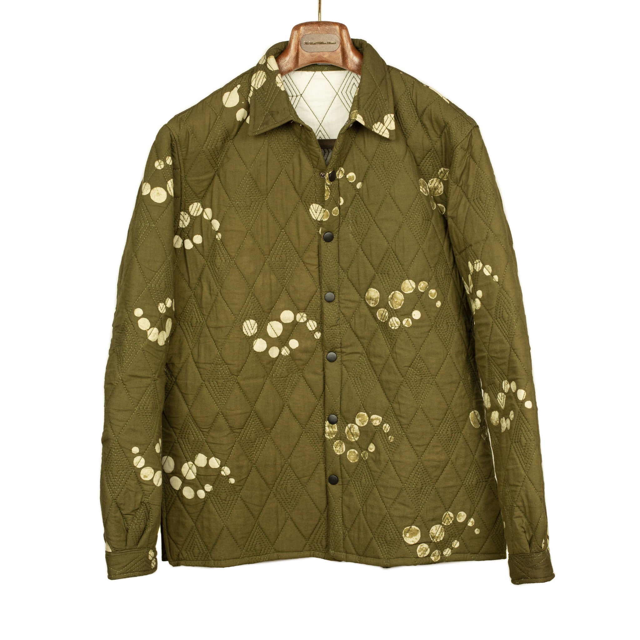 Didi quilted shirt jacket in moss green fractal dot print cotton