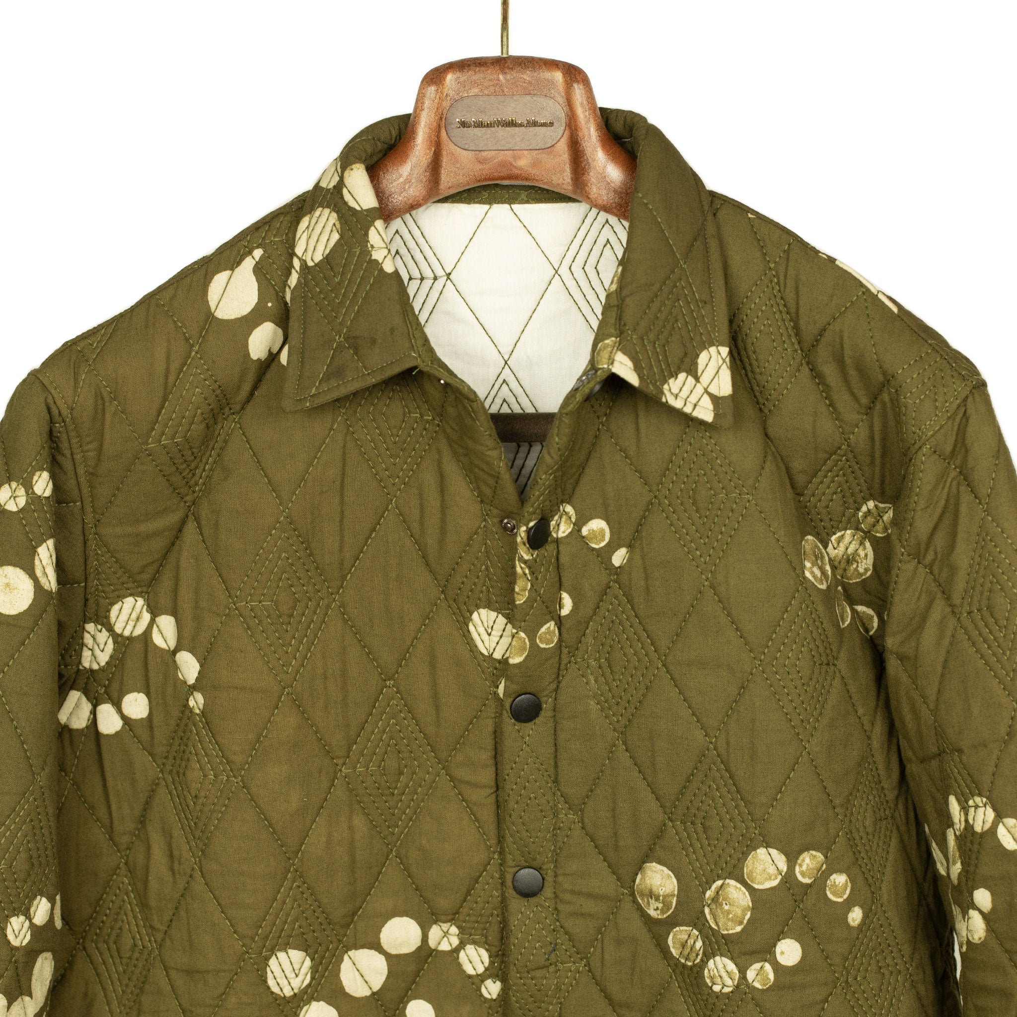 Didi quilted shirt jacket in moss green fractal dot print cotton