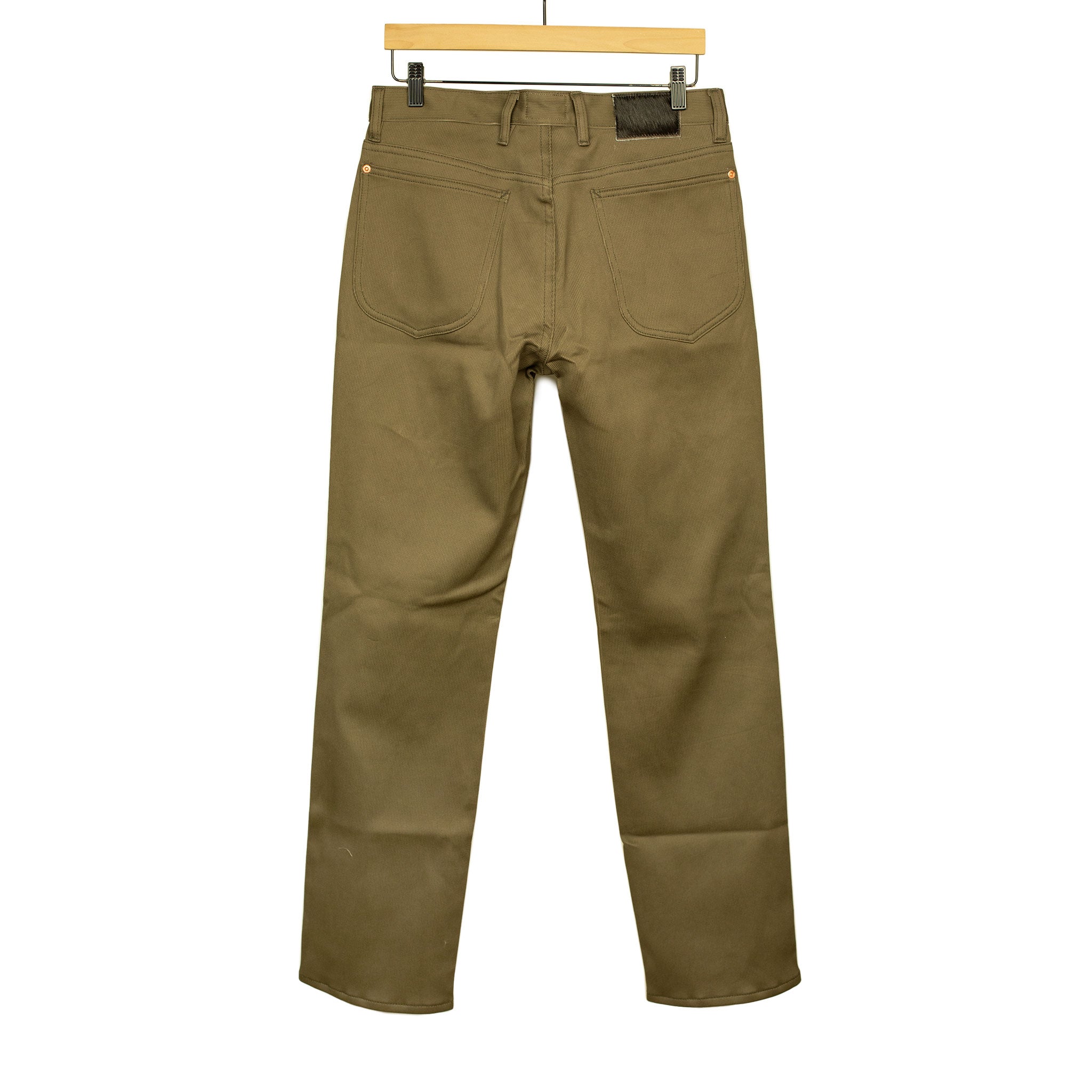 Five pocket pants in faded olive Japanese bedford cord