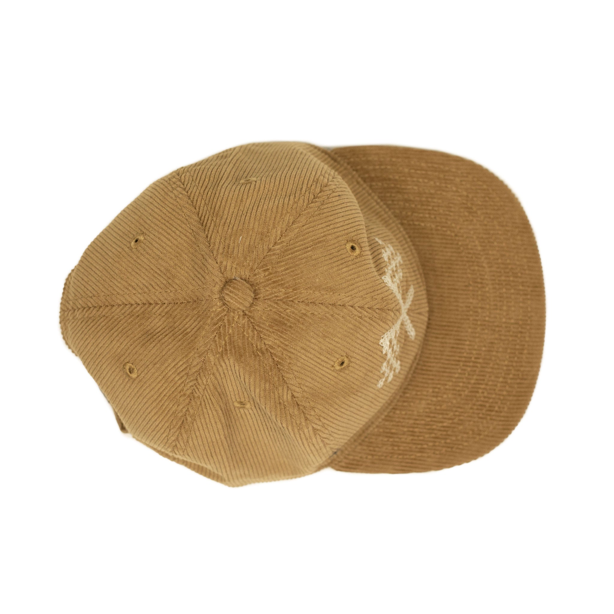 Corduroy cap in caramel with racing flag chainstitched embroidery