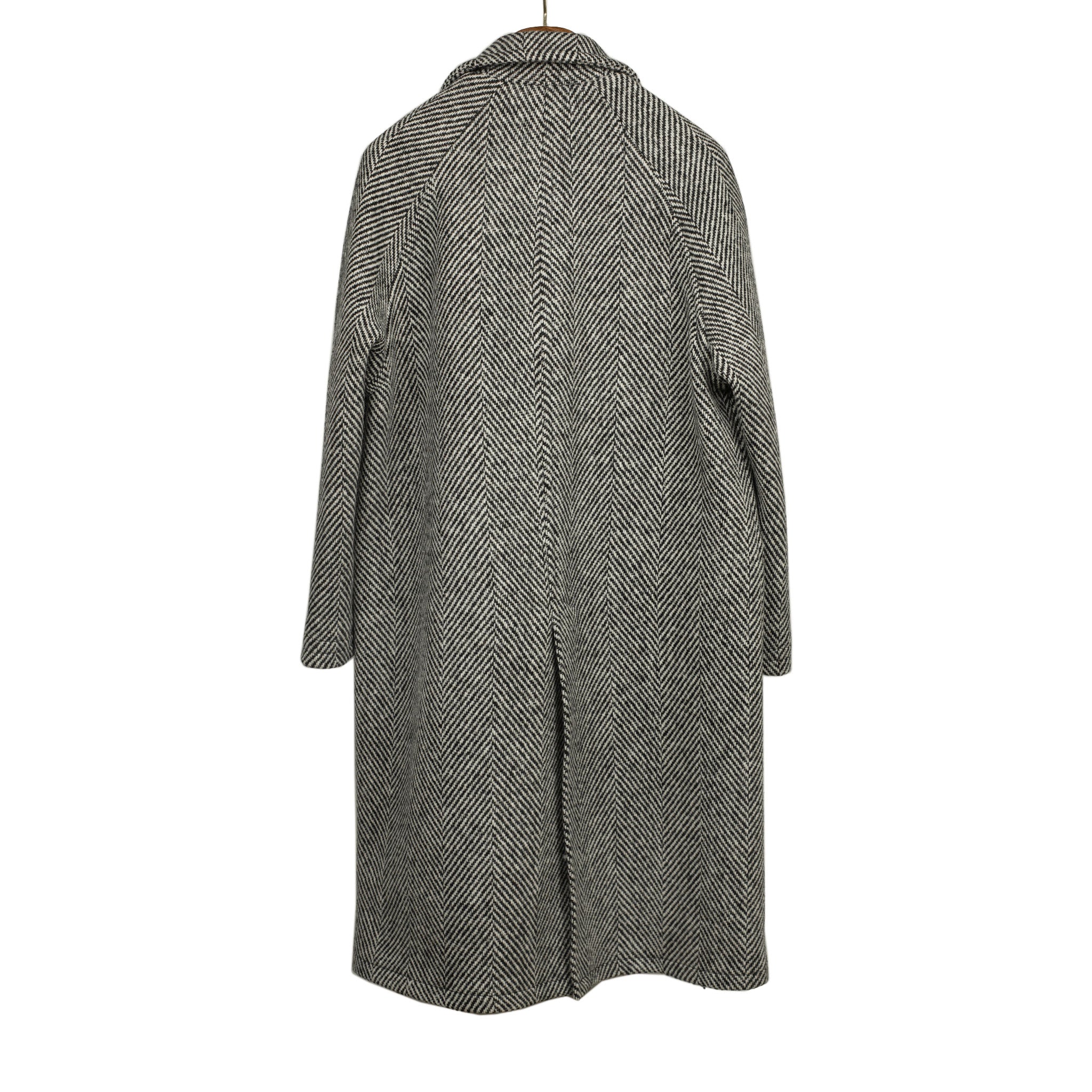 Balmacaan coat in black and white herringbone wool tweed