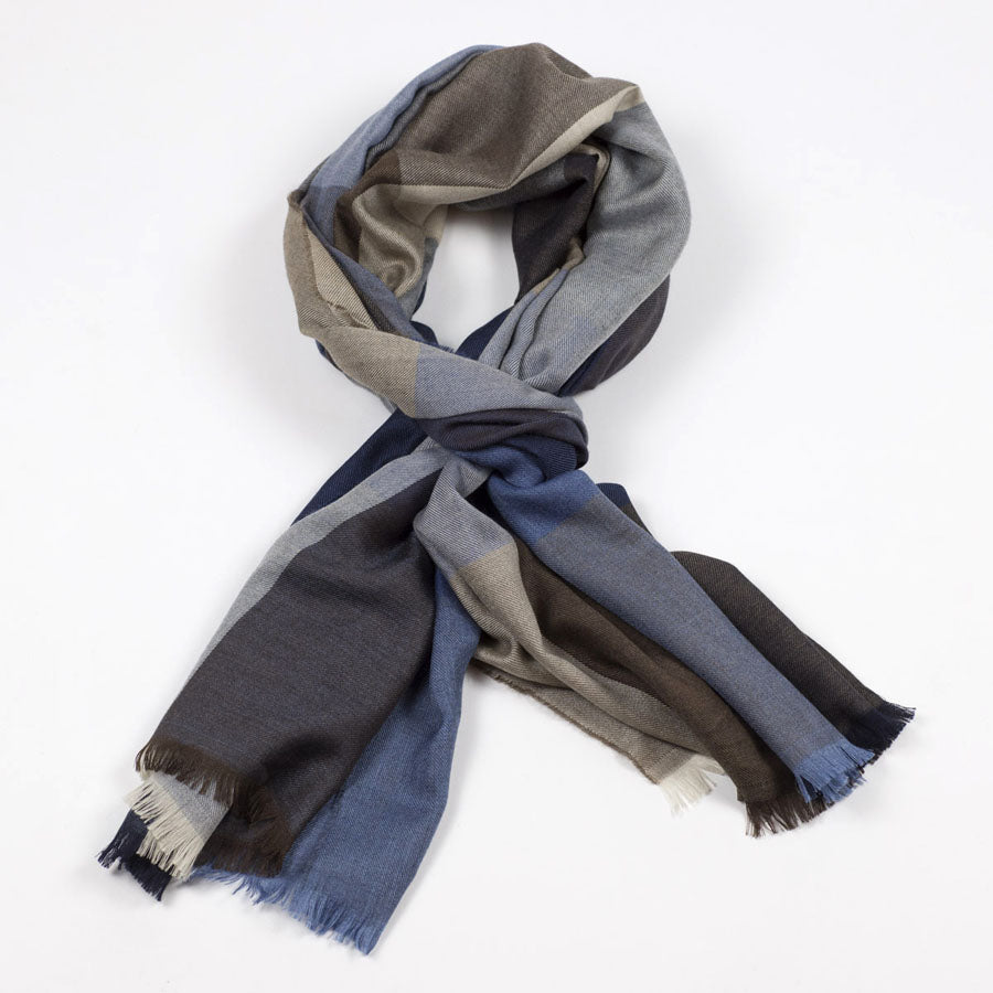 Brown, blue and beige cashmere & silk scarf