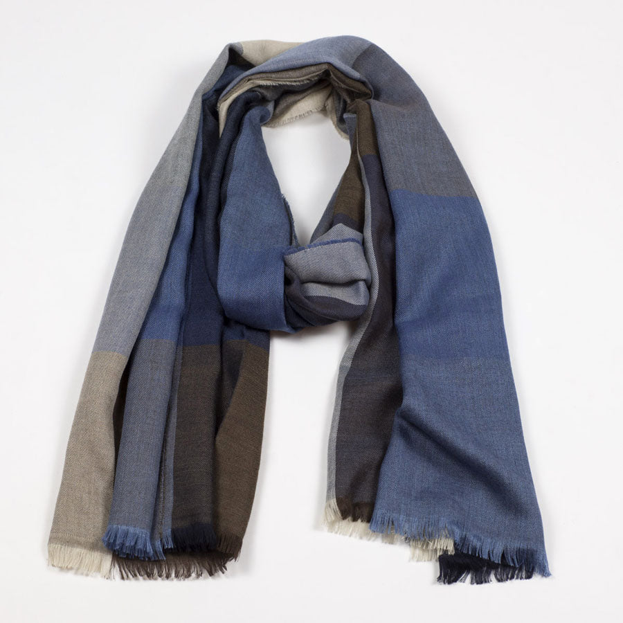 Brown, blue and beige cashmere & silk scarf