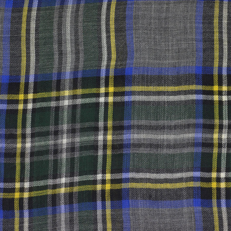 Grey, green, blue and yellow plaid Wispy cashmere stole