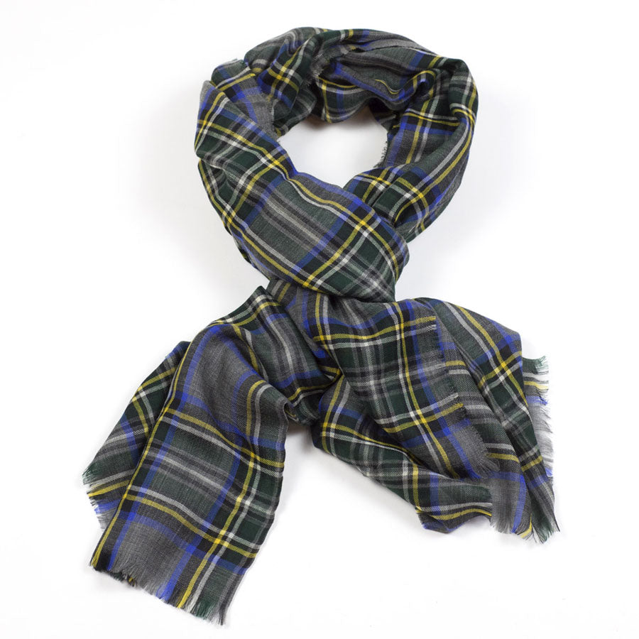 Grey, green, blue and yellow plaid Wispy cashmere stole