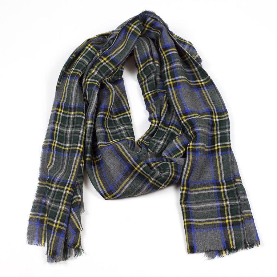 Grey, green, blue and yellow plaid Wispy cashmere stole