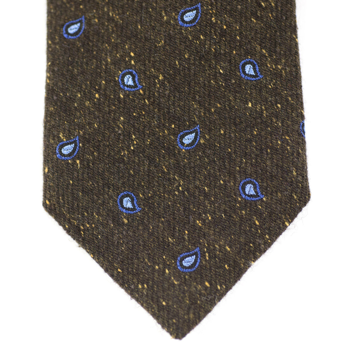 Brown silk and wool donegal tie, blue paisley motifs