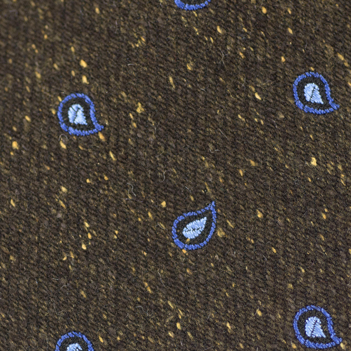 Brown silk and wool donegal tie, blue paisley motifs