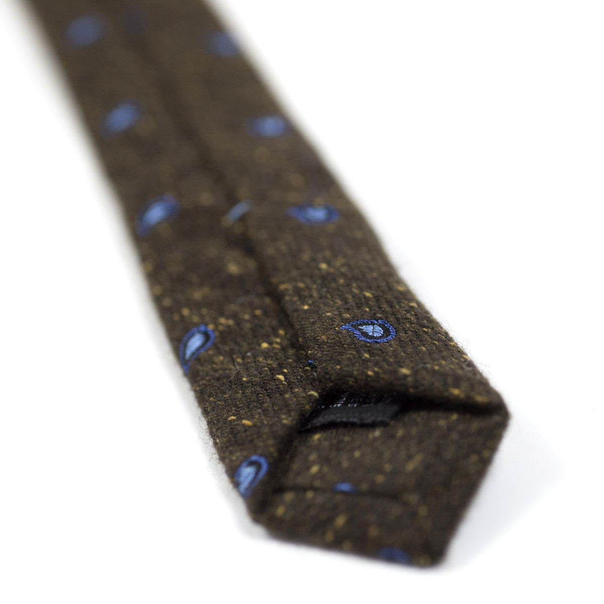 Brown silk and wool donegal tie, blue paisley motifs