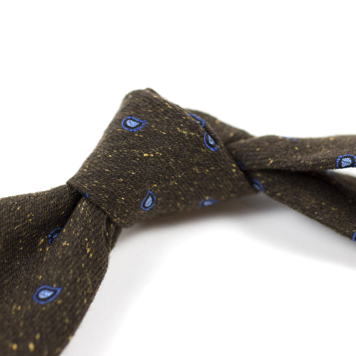 Brown silk and wool donegal tie, blue paisley motifs