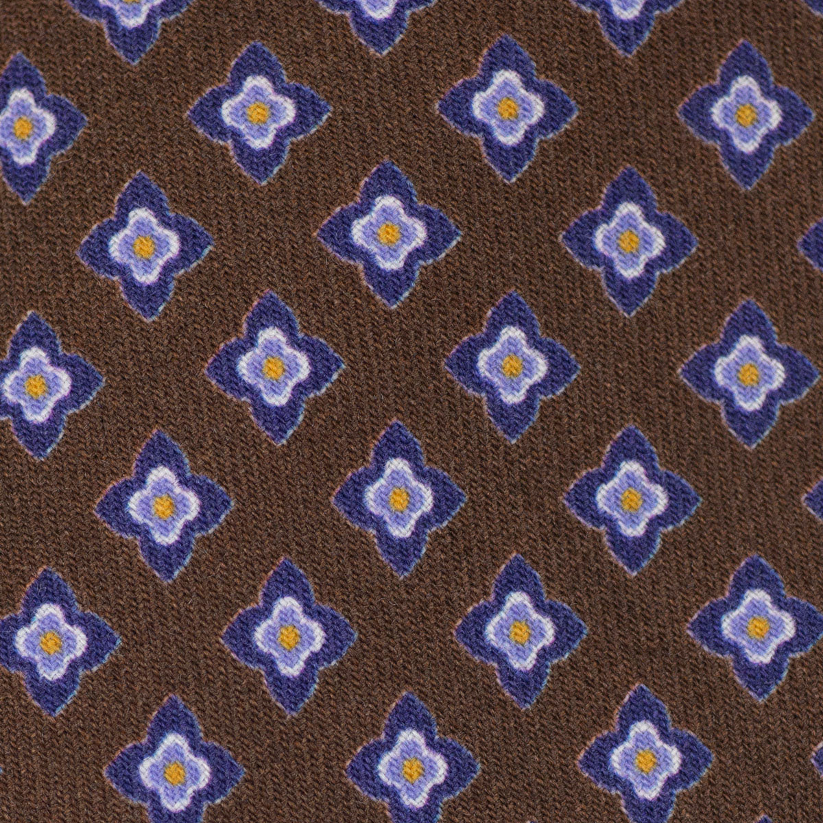 Brown self-tipped wool tie, purple and pink archival print