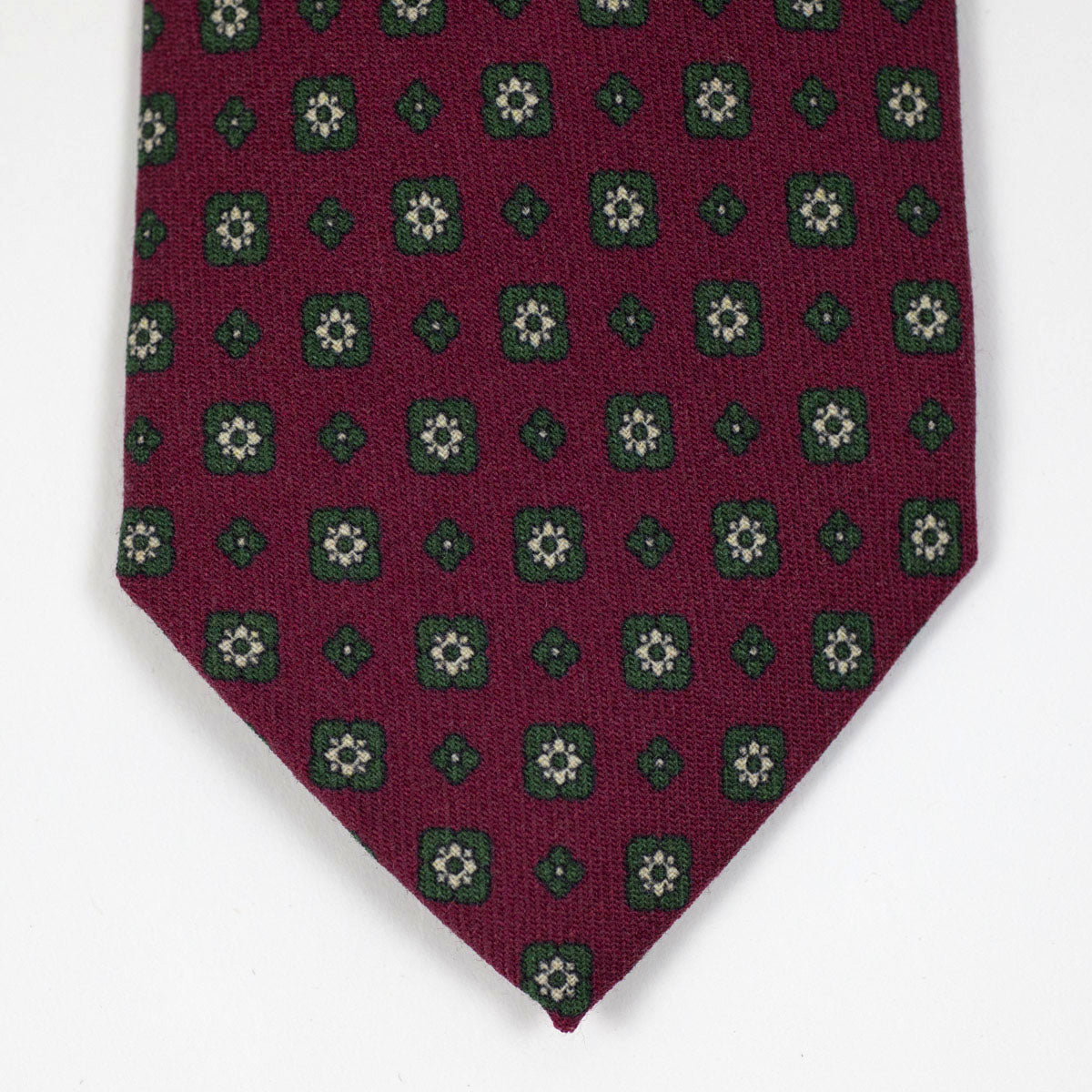 Burgundy self-tipped wool tie, green neat print