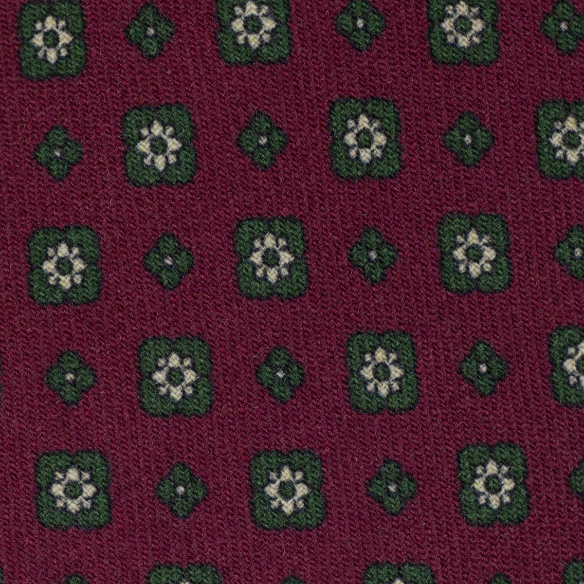 Burgundy self-tipped wool tie, green neat print