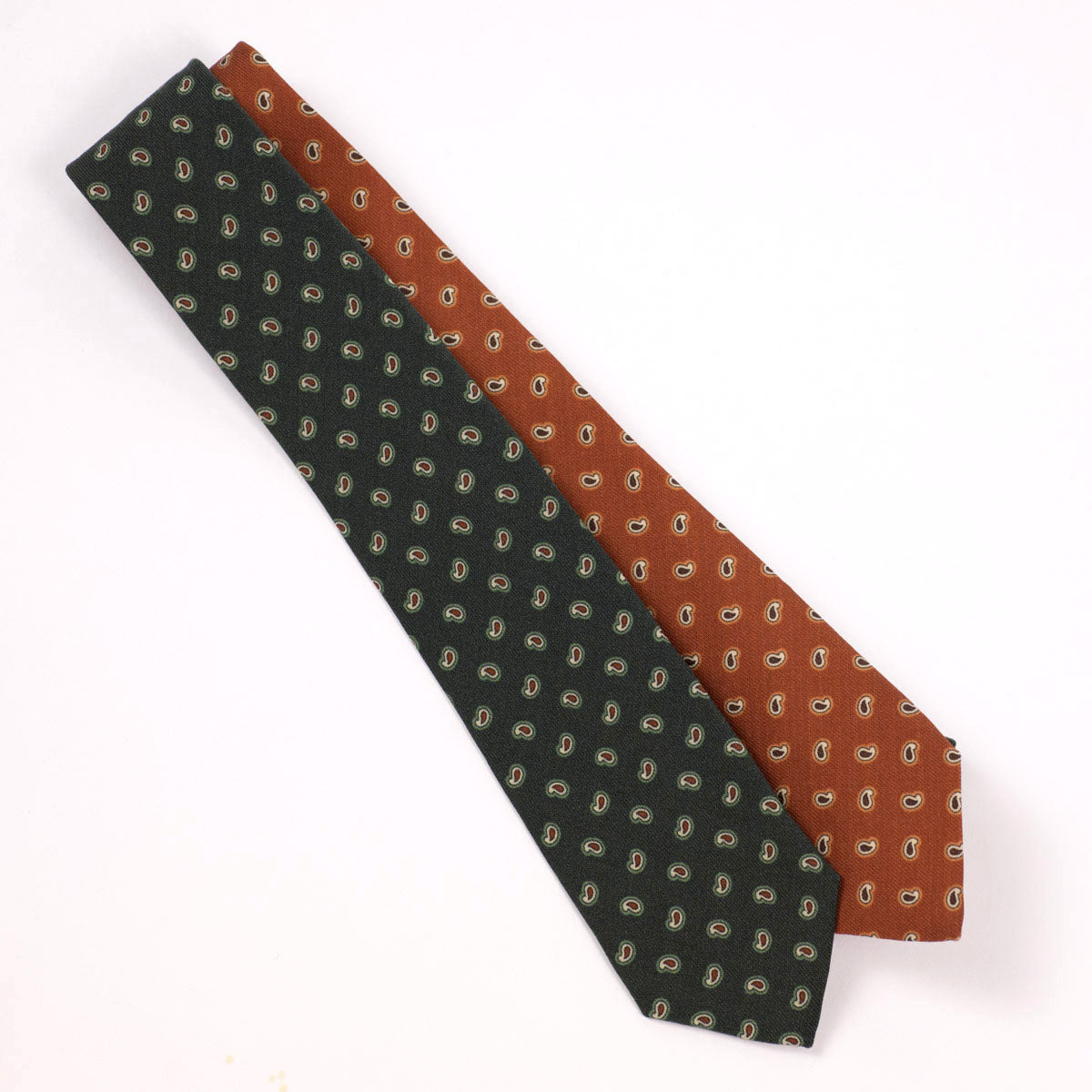 Burnt orange self-tipped wool tie, brown & cream paisley print