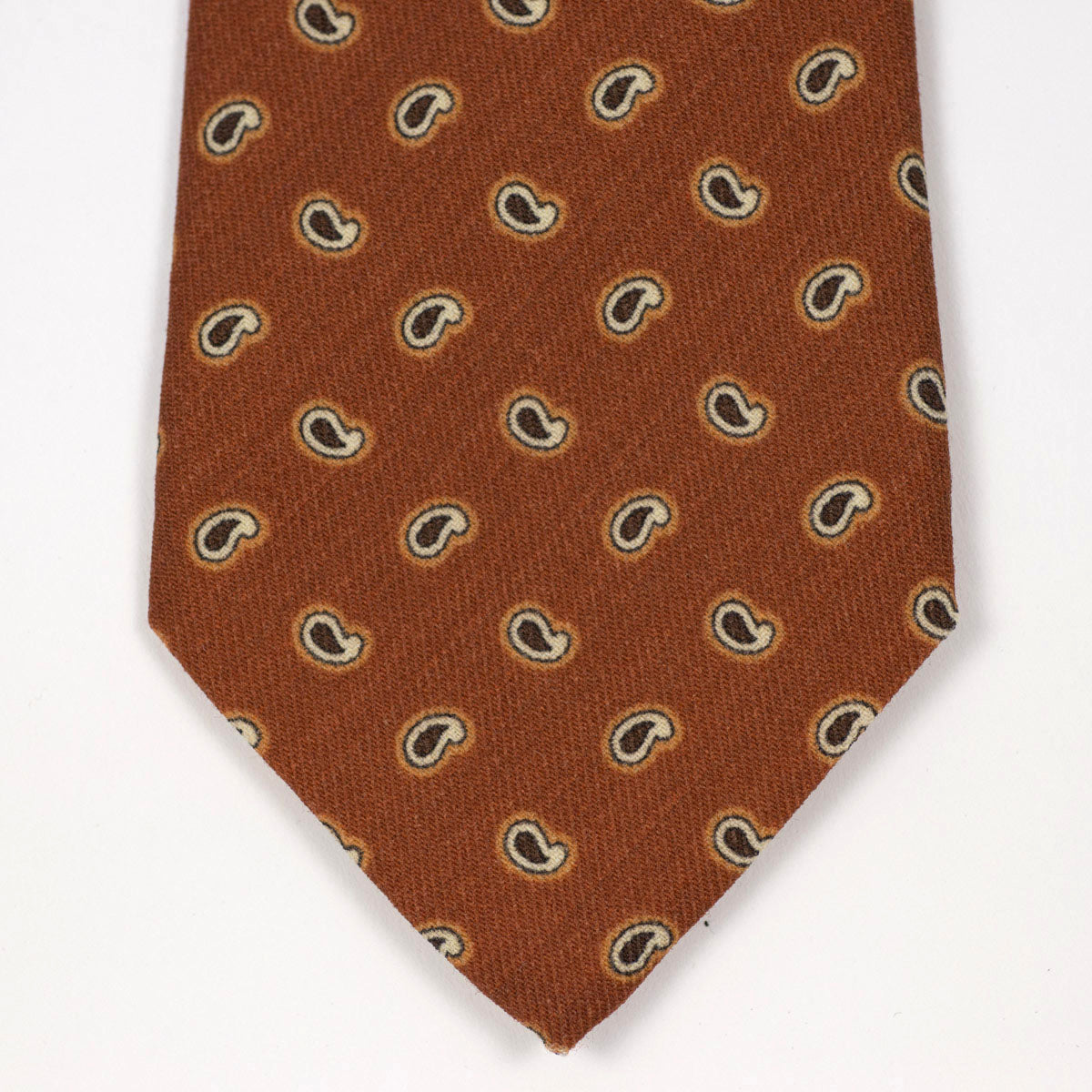 Burnt orange self-tipped wool tie, brown & cream paisley print