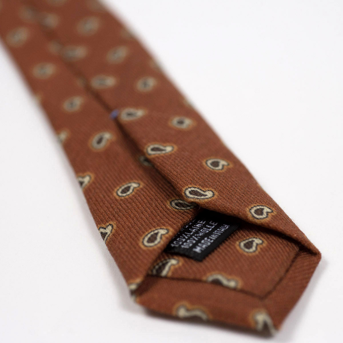 Burnt orange self-tipped wool tie, brown & cream paisley print