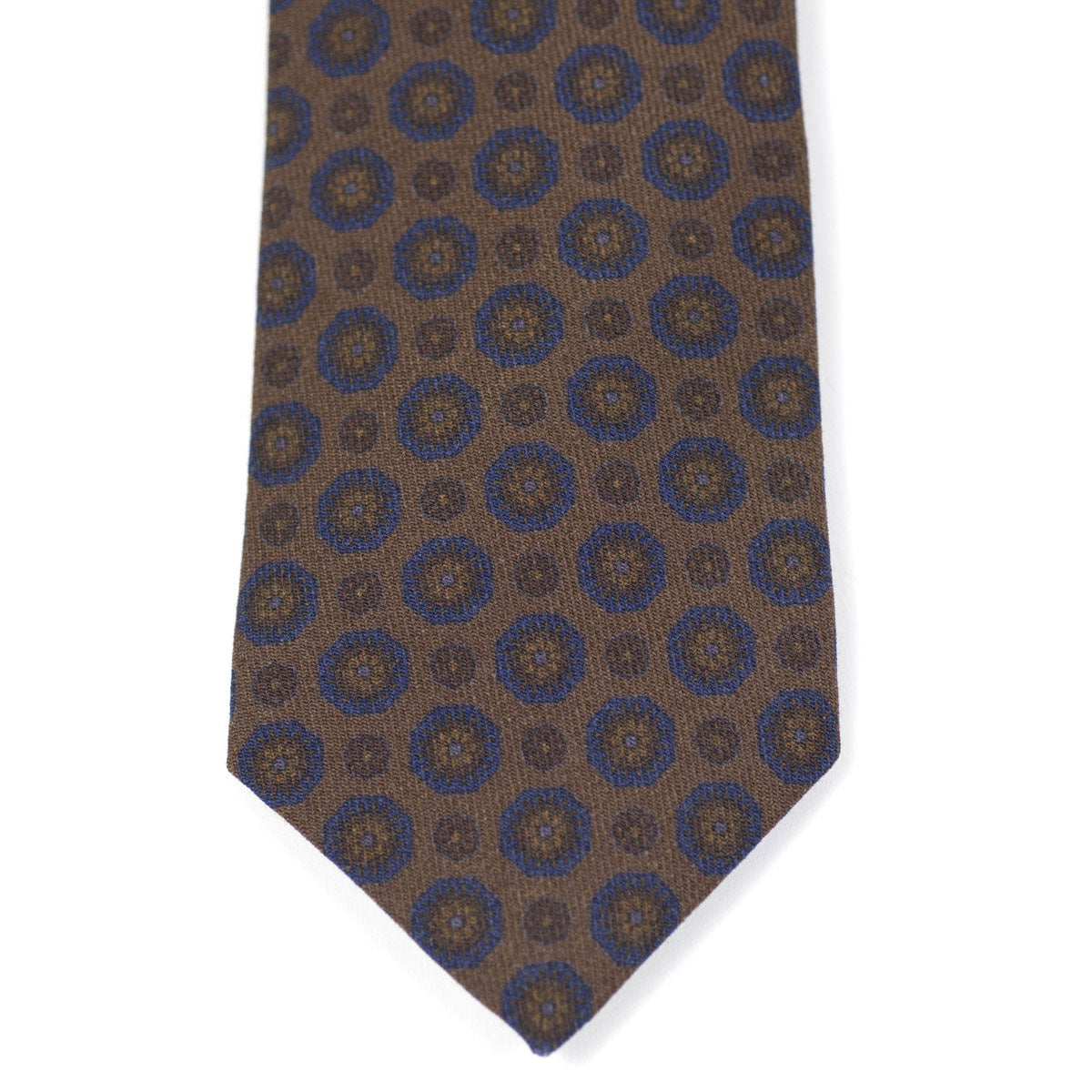 Brown self-tipped wool tie, navy archival print