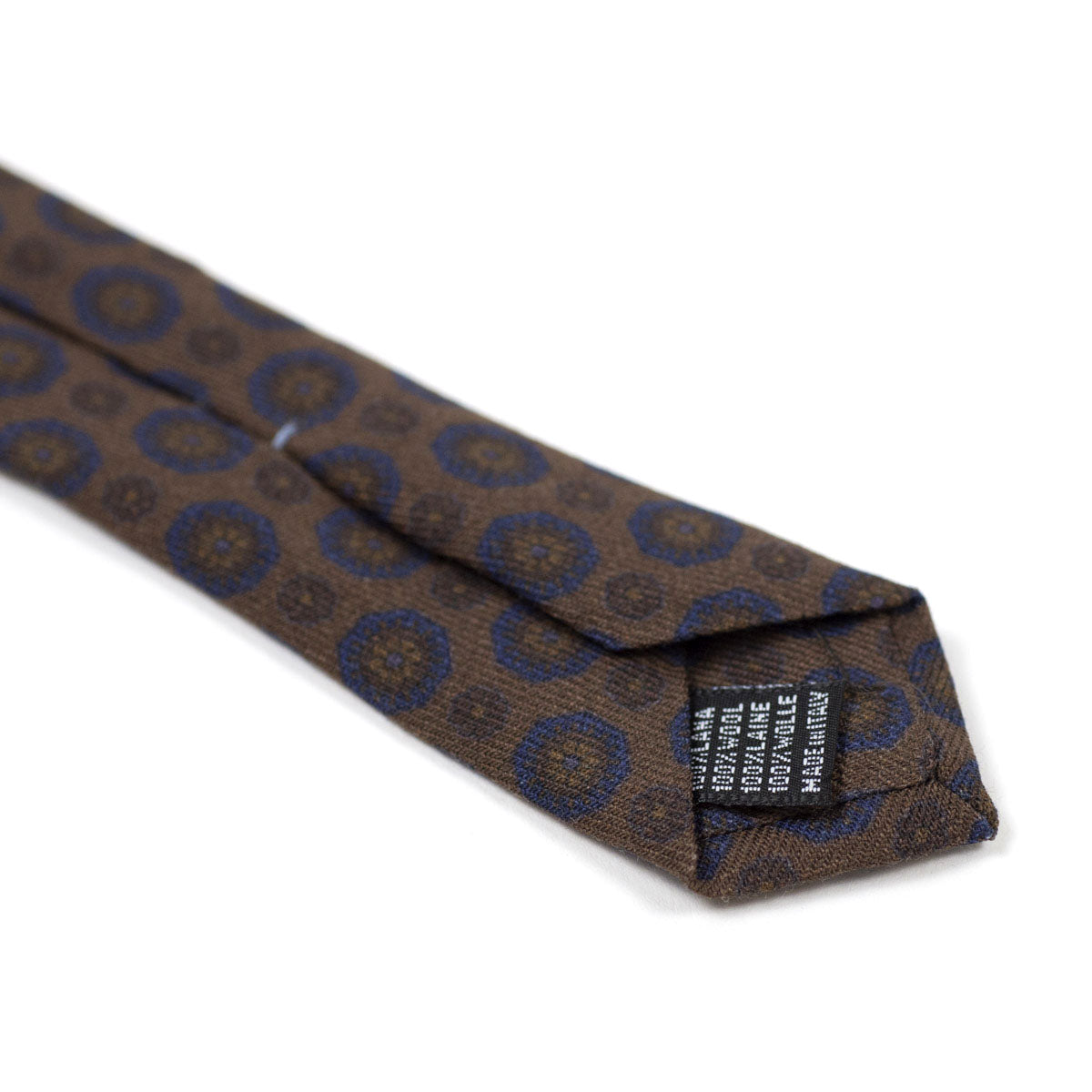 Brown self-tipped wool tie, navy archival print