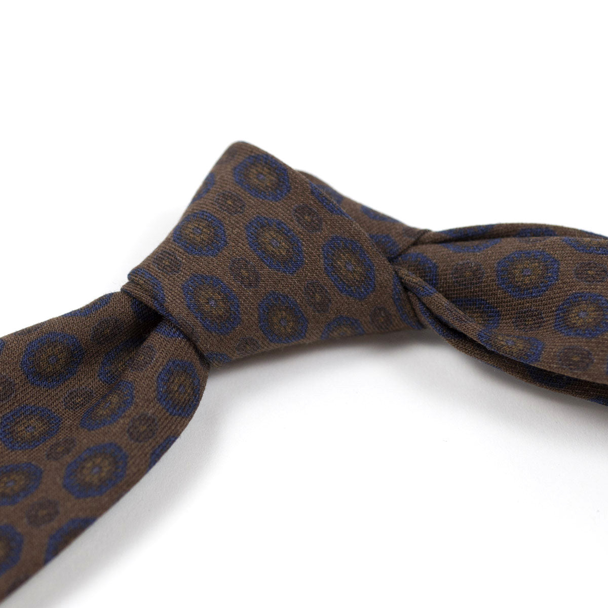 Brown self-tipped wool tie, navy archival print