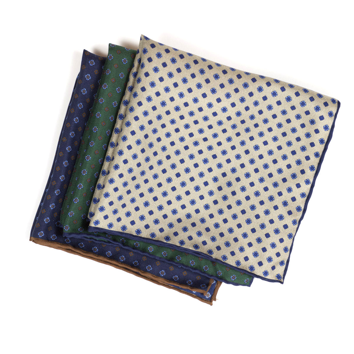 Champagne silk pocket square, navy foulard print