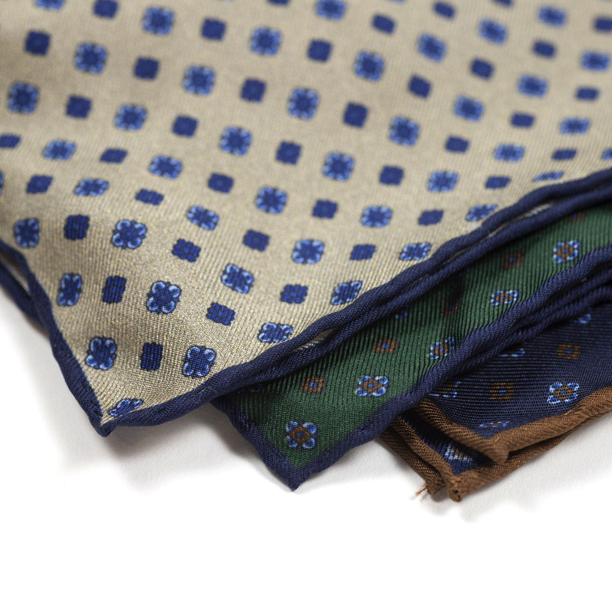 Champagne silk pocket square, navy foulard print