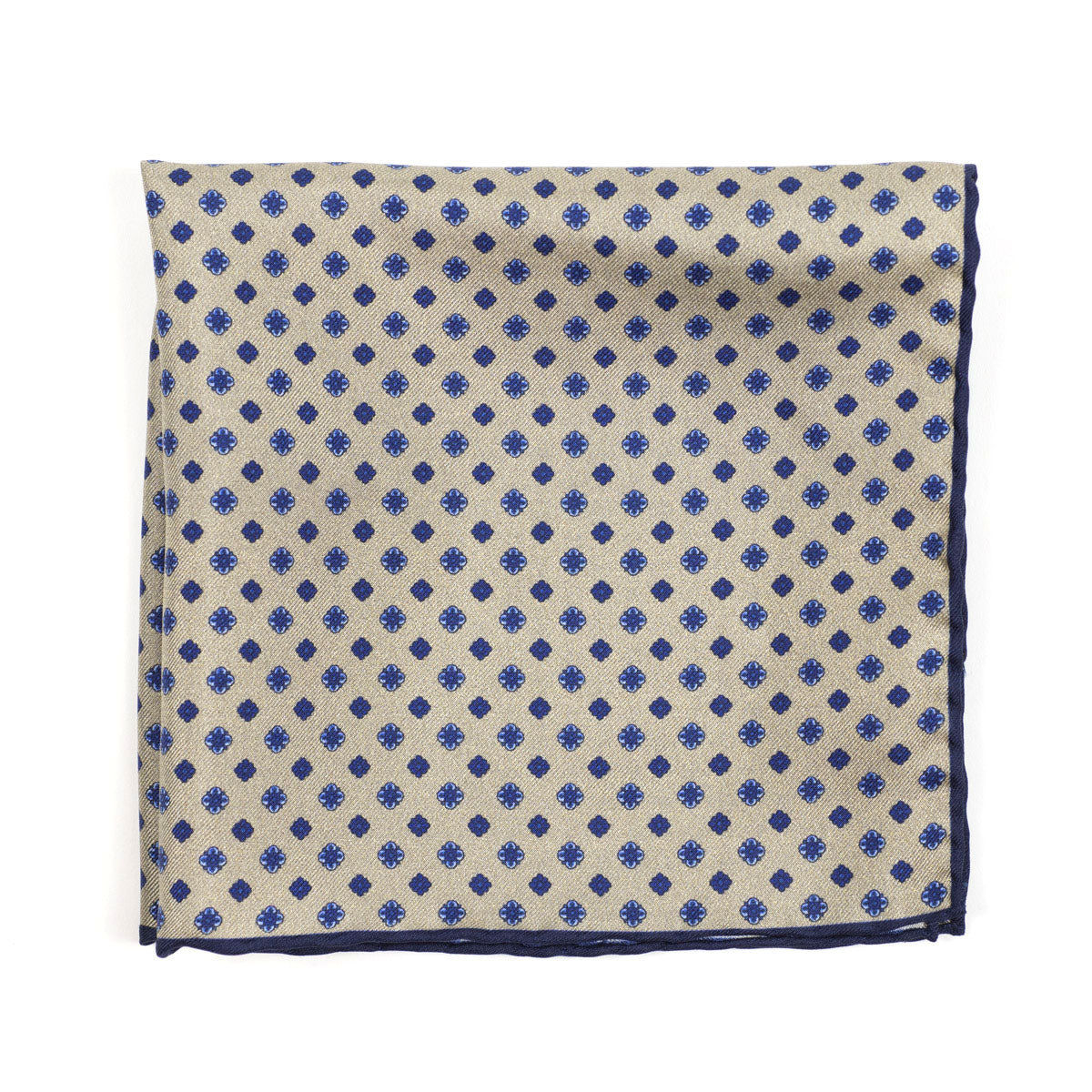 Champagne silk pocket square, navy foulard print