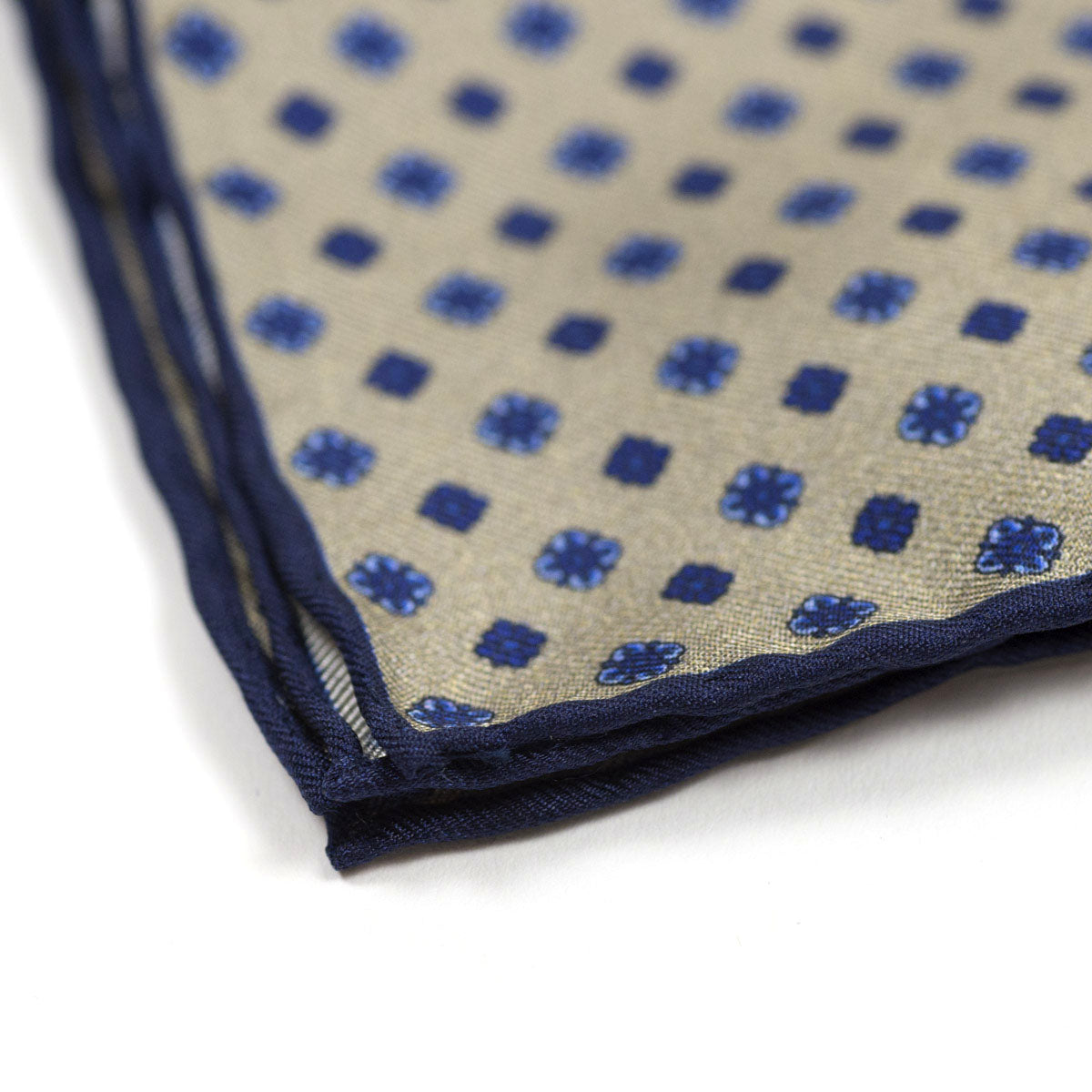 Champagne silk pocket square, navy foulard print