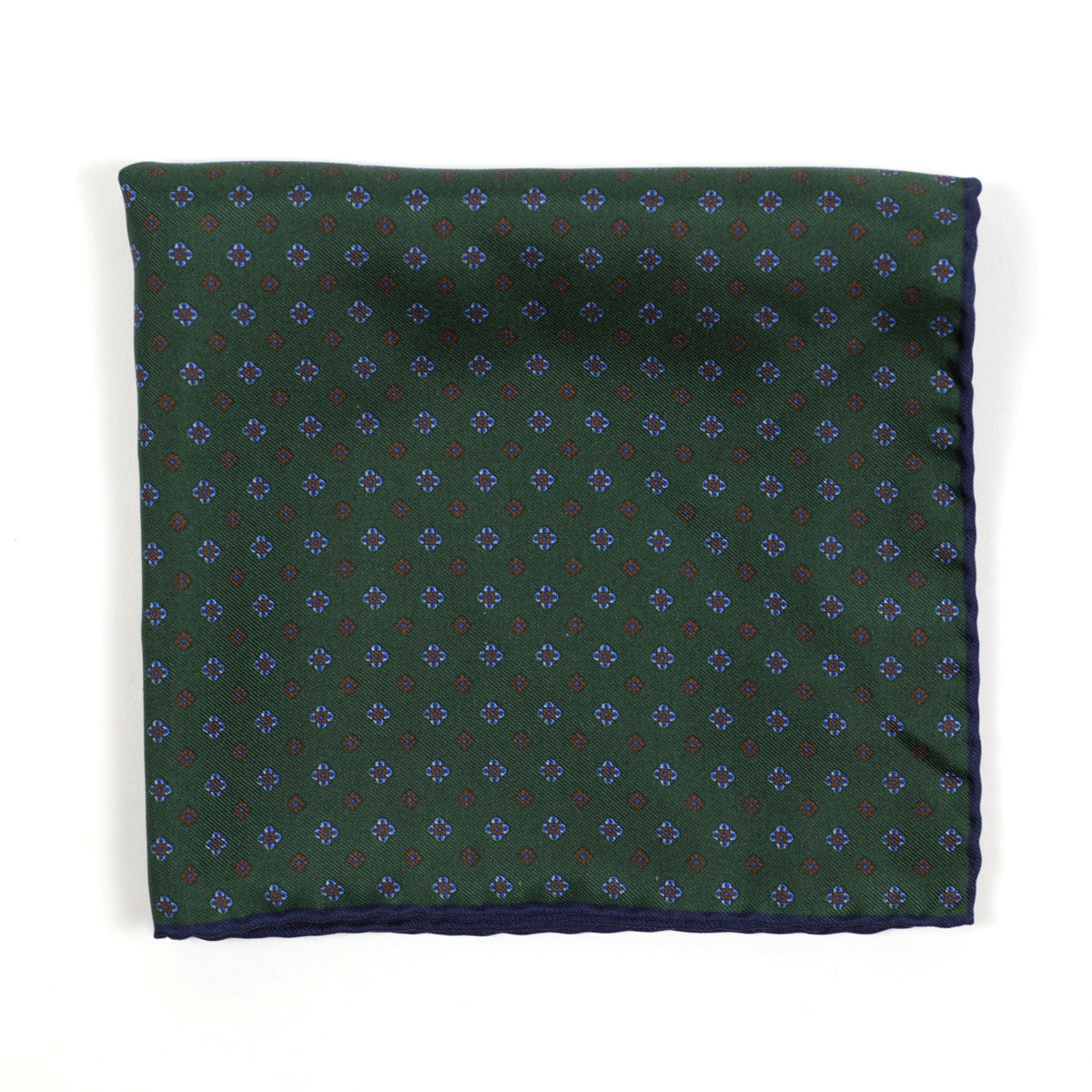 Green silk pocket square, brown & blue foulard print