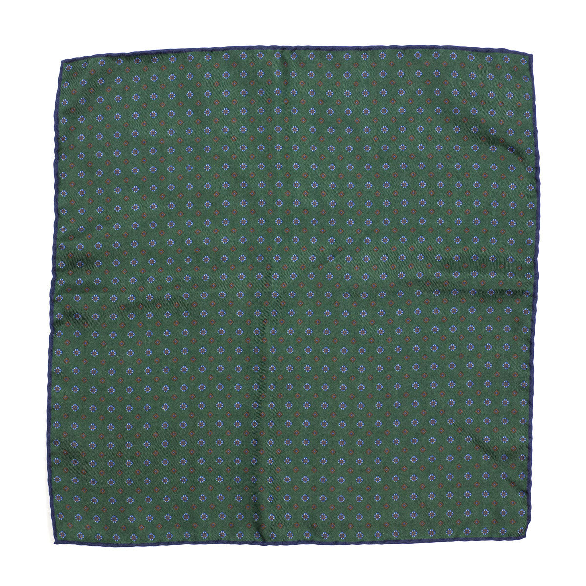 Green silk pocket square, brown & blue foulard print