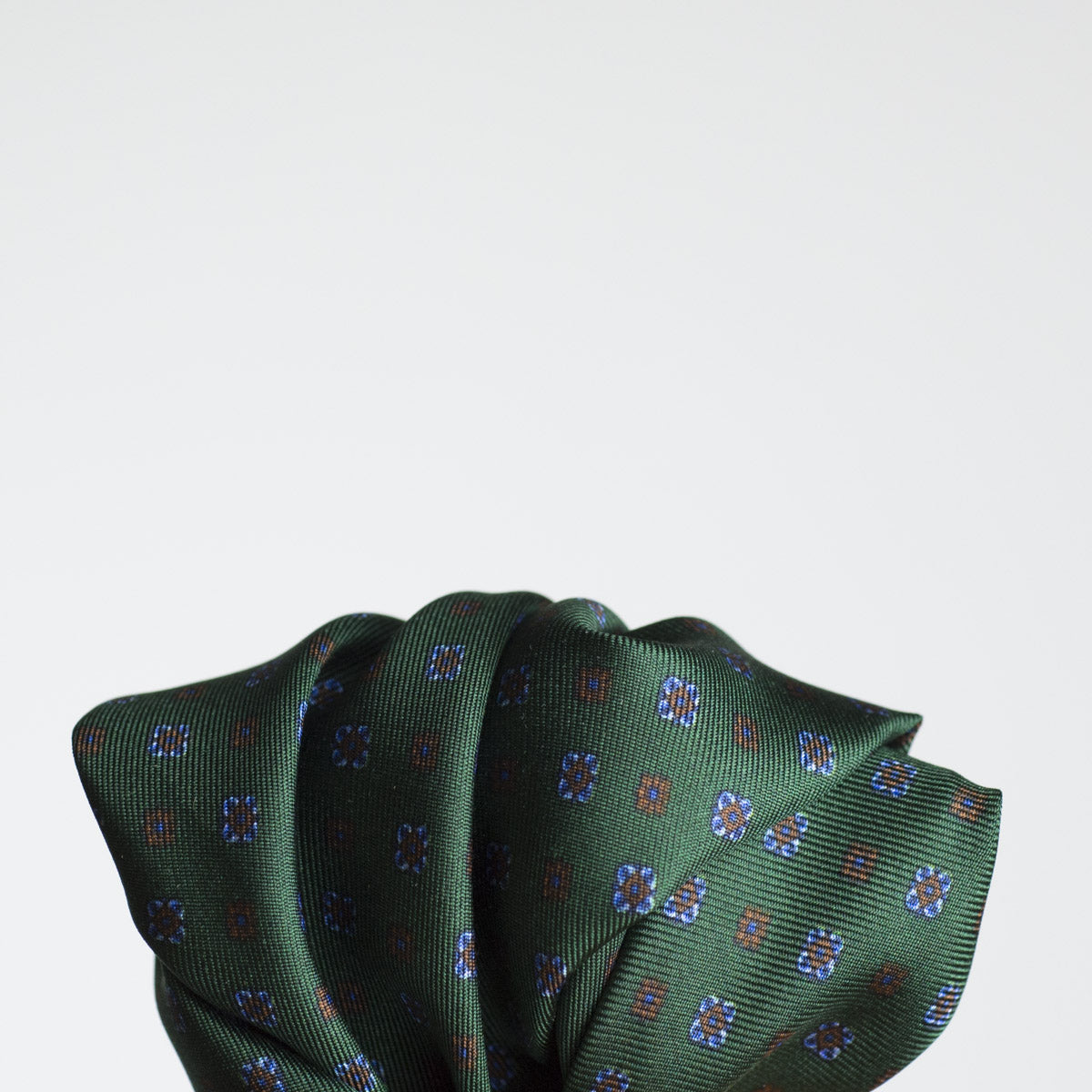 Green silk pocket square, brown & blue foulard print