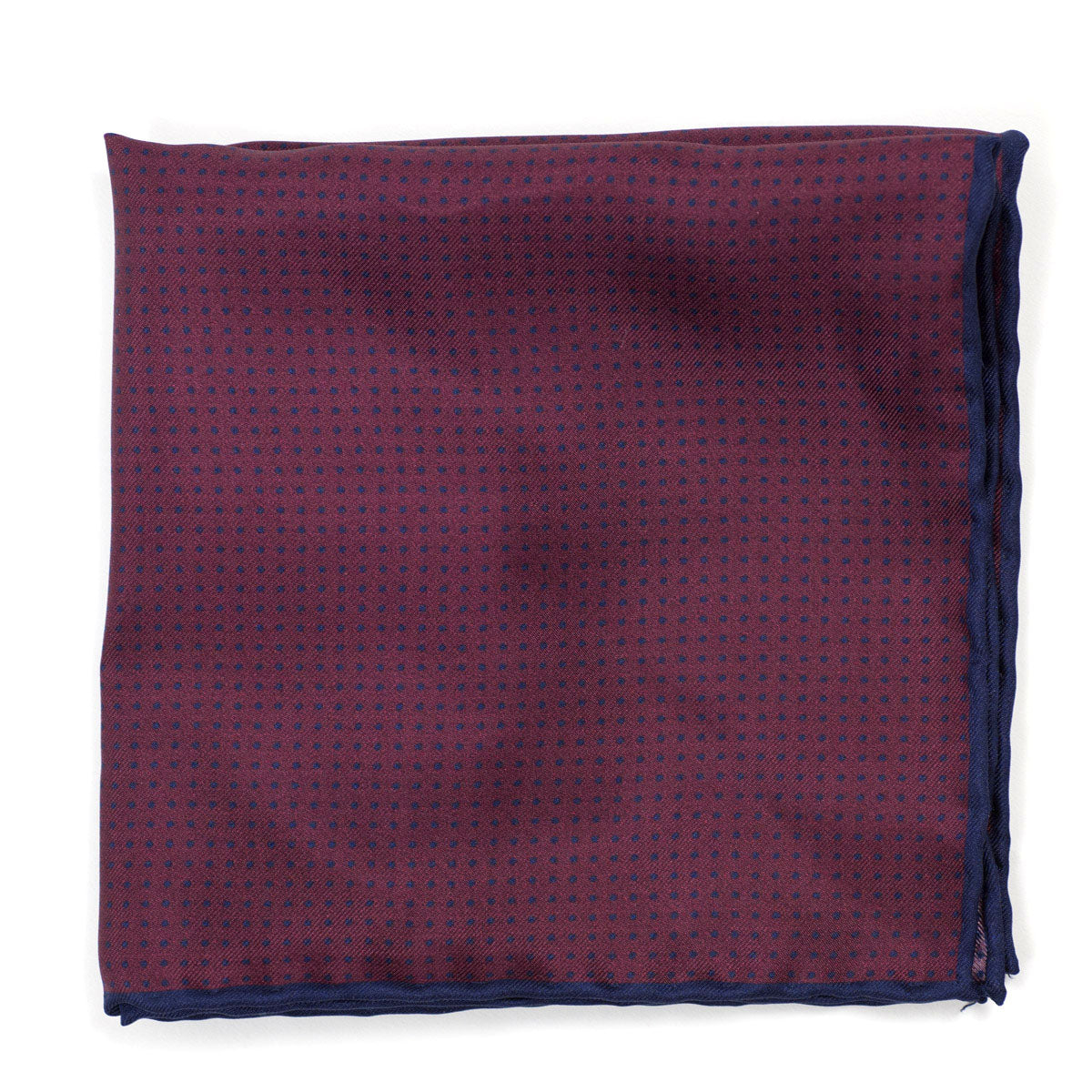 Burgundy silk pocket square, navy dots