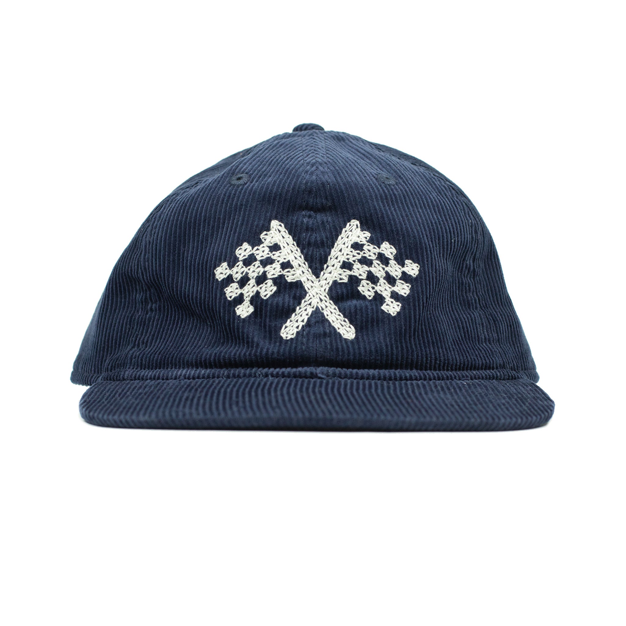 Corduroy cap in navy with racing flag chainstitched embroidery