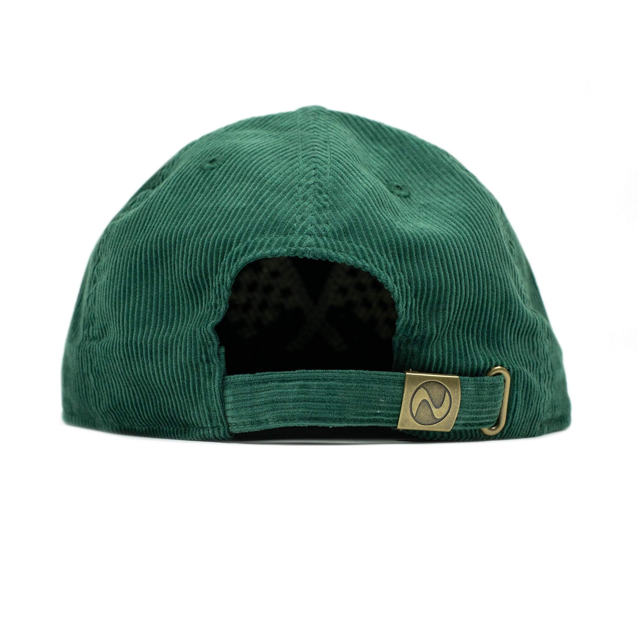 Corduroy cap in green with racing flag chainstitched embroidery